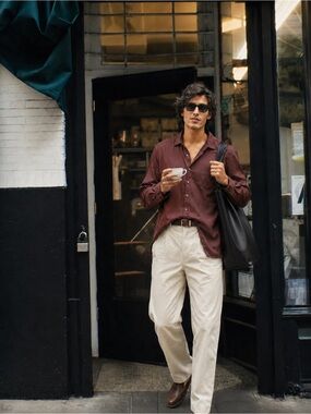 Mango Men's %100 Lyocell Tencel flowy shirt in a dark burgundy wine color